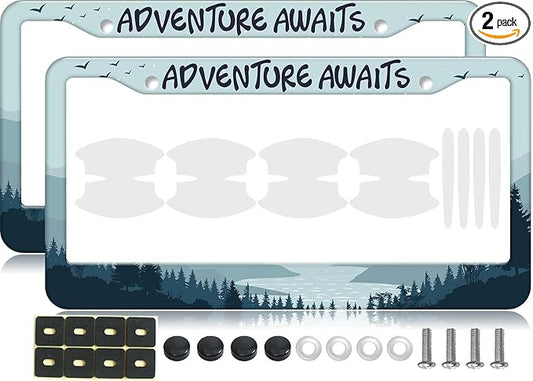 2PCS Adventure Awaits Pattern License Plate Frames for Men Women - Universal Aluminum Stainless Steel Personalized Car Tag Covers Holder with Screws, Caps, Rattle Proof Pads and Handlebar Stickers