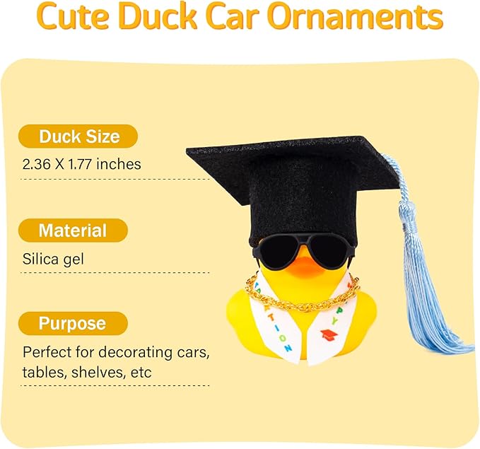 wonuu Graduation Stole Rubber Ducks, Dashboard Decorations Duck for Car Ornament Accessories with Hat Sunglasses Sash Chain (Light Blue)