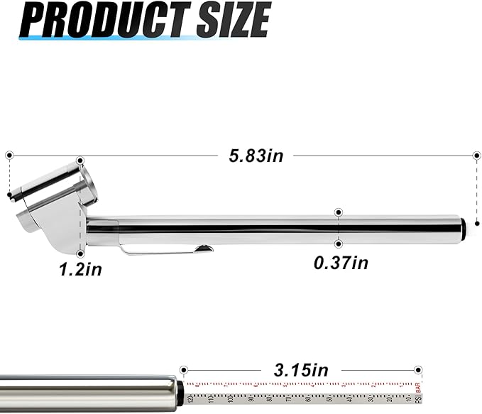 MEANLIN MEASURE 5Pcs Silver Double Straight Type Tire Pressure Gauge，Dual Head Air Pressure Gauge with 5Pcs Black Stem Caps，Pressure Range 10-120 Psi (Suitable for Trucks, etc.)