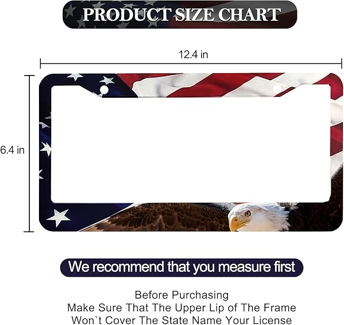 LIN KANG American Flag Eagle License Plate Frame Holder - 2 Pack Patriotic Universal Aluminum Matte Stripe US Flag Gloss Car Tag Frame Holder Accessory with Screws Fasteners Caps