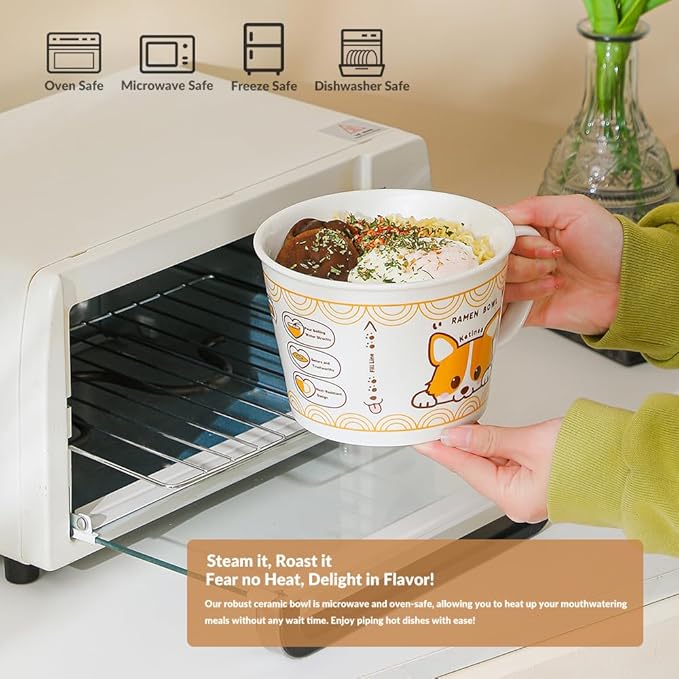 34oz Ceramic Ramen Bowl Set Charming, Lid, Handle, and Stainless Steel Chopsticks Elevate Your Noodle Experience Ideal Gift for Teens and Kids (corgi)