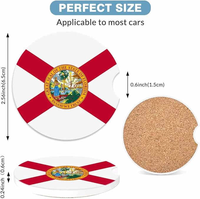 State of Florida Flag Car Coasters for Cup Holders Car Cup Holder Coasters 2 Pack for Car, Anti Slip Ceramic Car Cup Mat with Finger Notch Cute Car Interior Accessories for Women Men