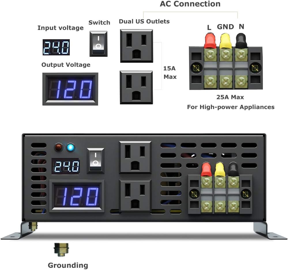 WZRELB Strong Driving Capacity 2500W 24VDC to 120VAC Pure Sine Wave Inverter Power Converter (RBP250024B1), Black
