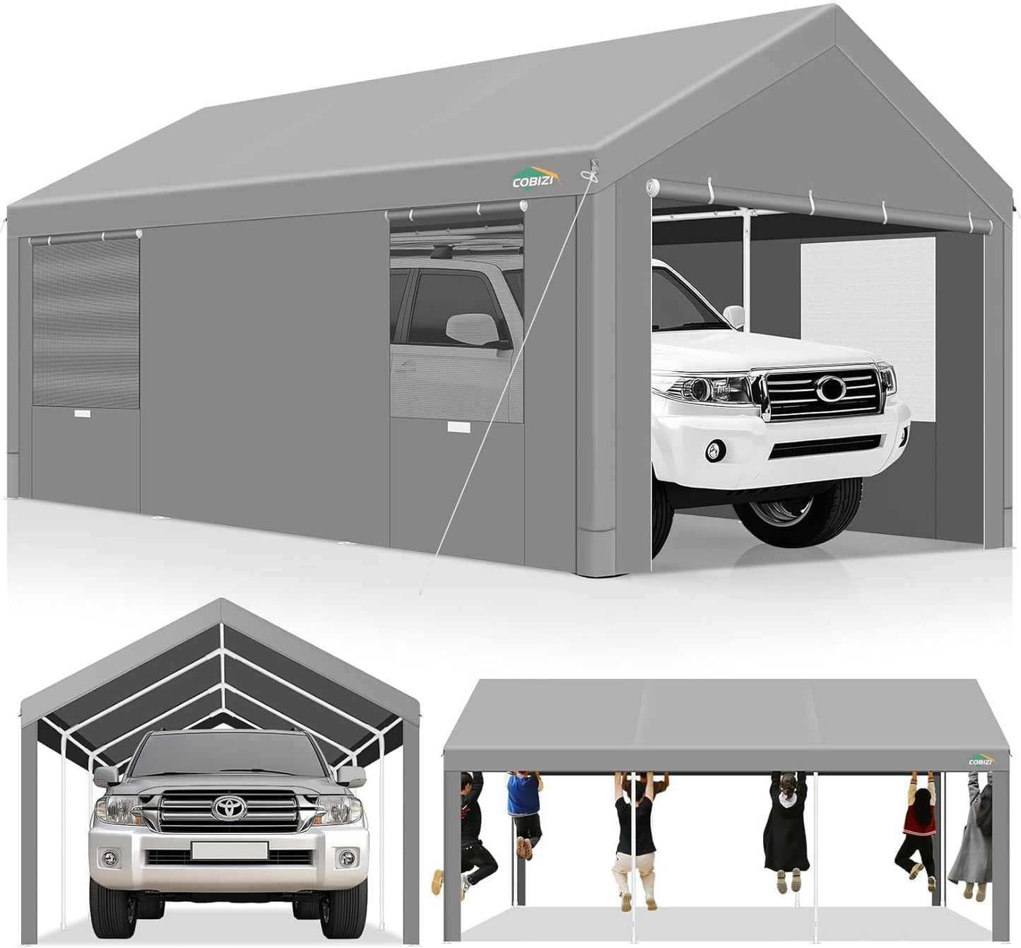 COBIZI Carport 10x20ft Heavy Duty Portable Garage, 2.0 Powder Coated Frame(Better Than Galvanized), Waterproof Shelter with Removable Sidewalls & Windows, Built-in Sandbags, for Car/Boat/SUV, Gray