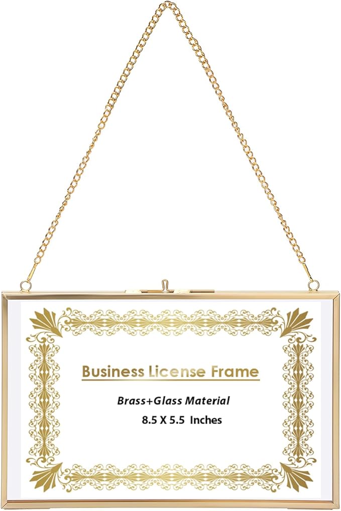 JUXYES 2 Pack Wall Hanging Business License Frame Brass Certificate Display Frames, Double Glass Floating Diploma Frames, Wall Golden Graduation Frame for 5.5x8.5 Inches Certificate Business Licenses