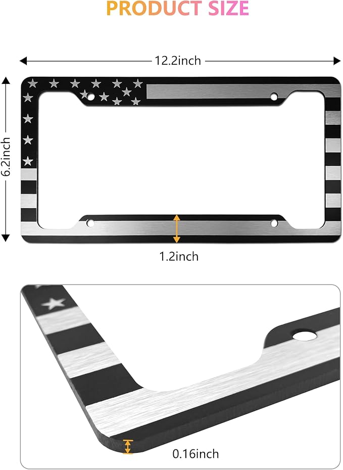 American Flag License Plate Frames - 2 Pack Black Patriotic USA Car Tag Frame in Alum-Plastic Hybrid with Brushed Finish & 3D Metal Decals