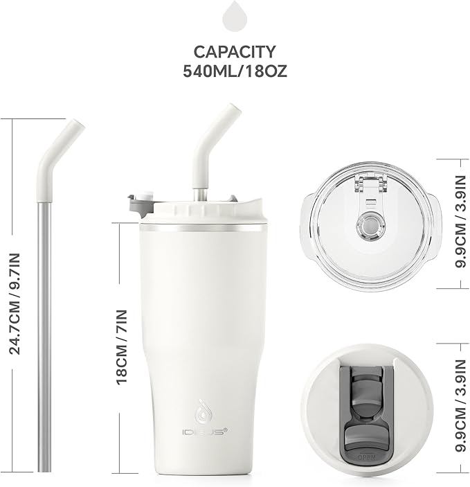 Ideus Insulated Tumbler with Lid and Straw 18 oz, Stainless Steel Double-Wall Vacuum Leak-Proof Travel Coffee Mug, Cup Holder Friendly, White
