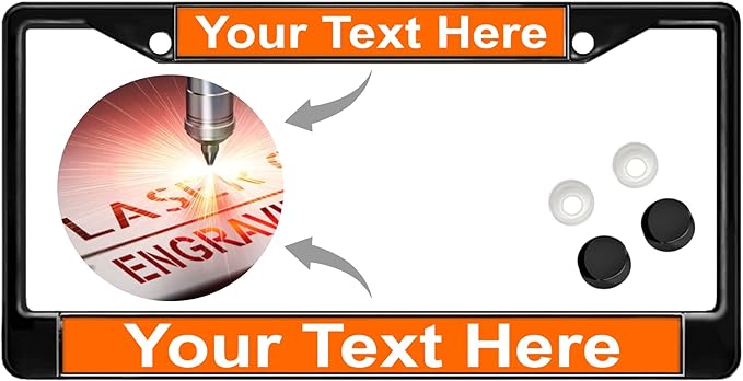 Custom Personalized Black Powder-Coated Metal Laser Engraved Standard Size - Car/Automobile License Plate Frame with Free caps - Orange/White Text (Qty: 1 Frame)