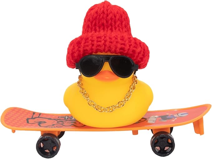 wonuu Car Duck Ornament Rubber Duck Car Dashboard Decoration for Car Dashboard Decoration Accessories with Mini Hat, Necklace, Sunglasses, Chair or Skateboard