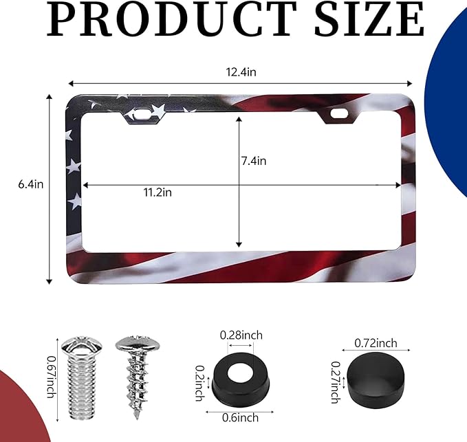 Patriotic American Flag License Plate Frame Holder - 2 Pack Universal Aluminum Matte Stripe US Flag Gloss Car Plate Frame Covers with 2 Holes and Free Screws Fasteners Caps