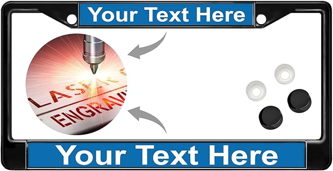 Custom Personalized Black Powder-Coated Metal Laser Engraved Standard Size - Car/Automobile License Plate Frame with Free caps - Blue/White Text (Qty: 1 Frame)