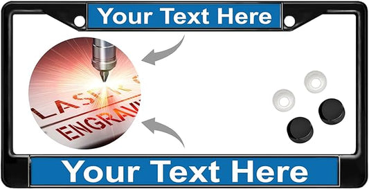 Custom Personalized Black Powder-Coated Metal Laser Engraved Standard Size - Car/Automobile License Plate Frame with Free caps - Blue/White Text (Qty: 1 Frame)