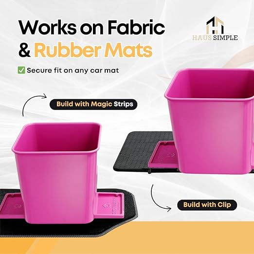 Car Trash Can 2L with Stability Wings & Velcro for Extra Stability ??Magic Strip & Clip for Fabric & Rubber Mats ??Durable Plastic, Easy Pull Trash Bags Included ??Pink