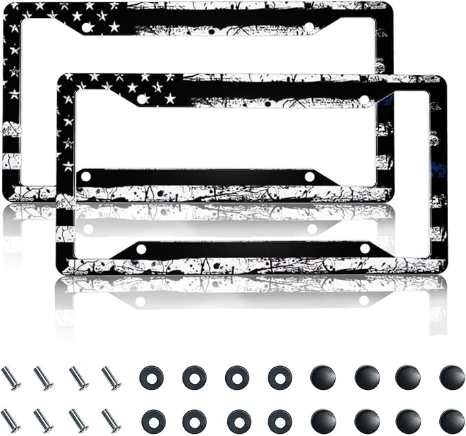 License Plate Frame 2 Pack Front Rear Aluminum Metal Rust-Proof Universal Car Tag Frames Holder with 4 Holes Car Decor Accessory with Screws for Men Women - Vintage Blue Line American Flag