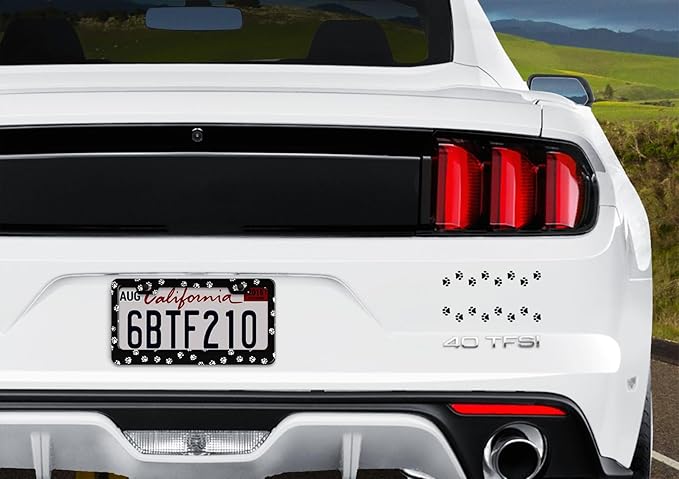 2pcs Black White Dog Paw Print License Plate Frame for Women, Pet Foot Print Car Tag Frames Girly for Vehicle with Non Adhesive Electrostatic Sticker