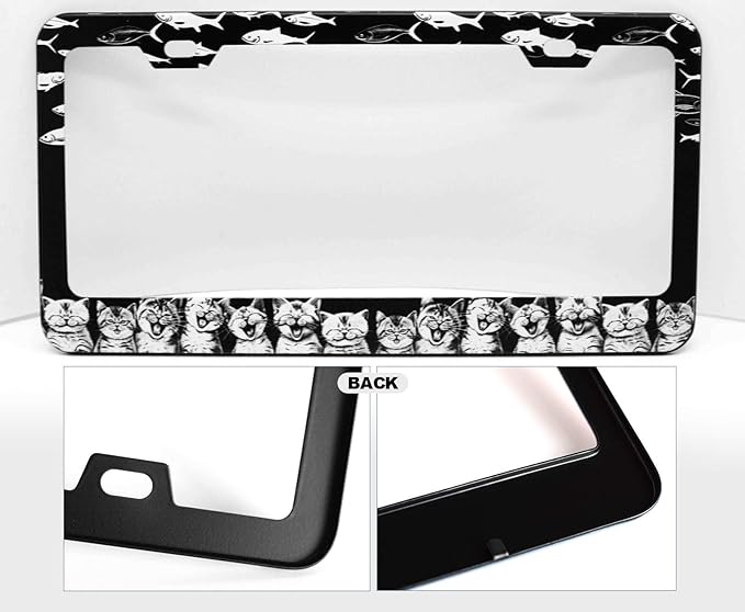 2pcs Black White Cat Fish Plate Frame for Women, Kitten Fish car tag Frames Girly for Vehicle with Non Adhesive Electrostatic Sticker