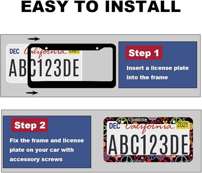 2pcs Hippies Peace Floral License Plate Frame for Women, Funny Love and Peace car Decorative tag Frames Girly, Hippie Peace Flower License Plate Cover Holder for Vehicle with car Keychain tag