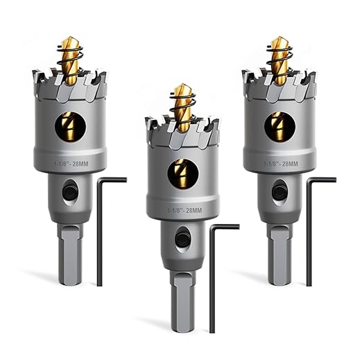 Metal Hole Saw 1-1/8" (28mm) 3Pcs Set Heavy Duty Tungsten Carbide Tipped Hole Cutters Set with L-flench, for Steel Iron,Aluminum,Stainless stell,Plastic