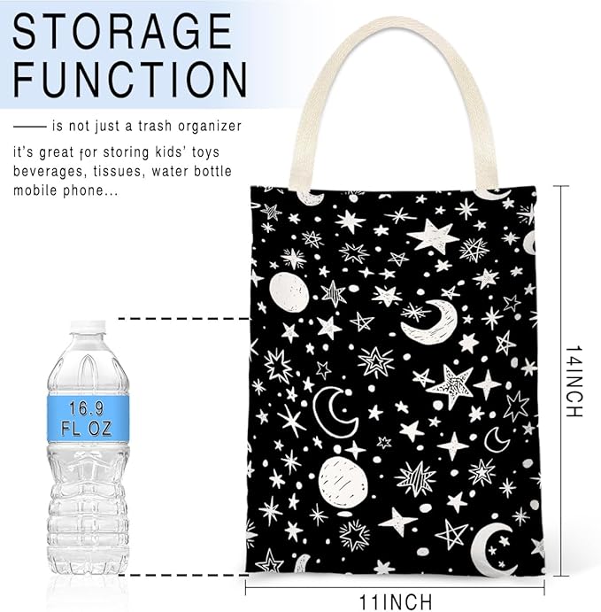 Moon and Star Black Car Trash Bags - Small Garbage Bags for Car Back Seat - One-handed Strap - Cute Printed - Accessories