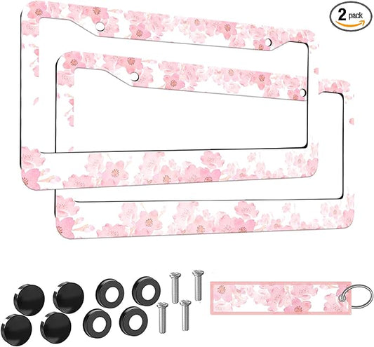 2pcs Pink Cherry Blossom Floral License Plate Frame for Women,Pink Sakura car Decorative tag Frames Girly,Japanese Cherry Blossom Flower License Plate Cover Holder for Vehicle with car Keychain tag
