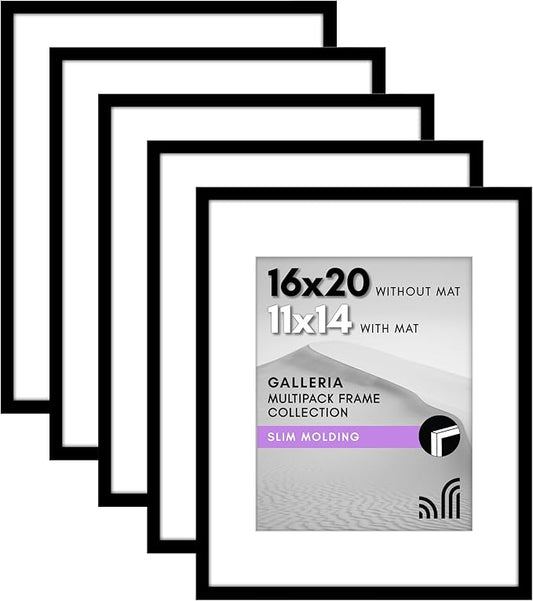 Americanflat 16x20 Picture Frame with Polished Plexiglass - Set of 5 - Use as 11x14 Frame with Mat or Display 16x20 Photo Without Mat - Galleria Collection - Picture Frames for Wall Display - Black