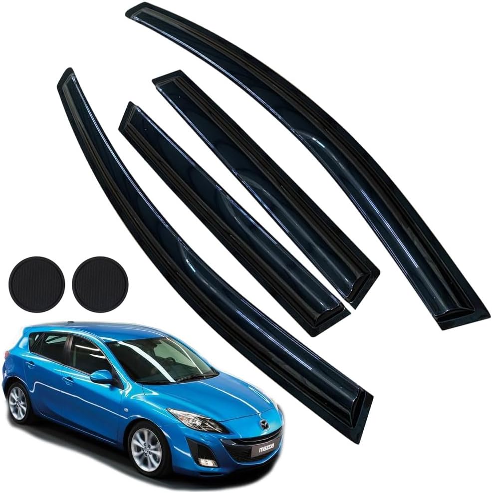 Rain Guards for Mazda 3 Hatchback 2010-2013, Tape-on Side Window Deflectors for Mazda 3 Hatchback, Window Visors for Mazda Cars, for Mazda Car Accessories 4 Rain Guards ＆ 2 Car Coasters