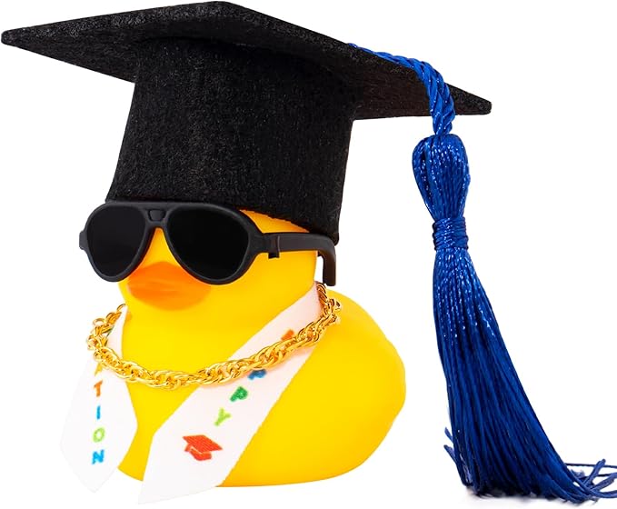 wonuu Graduation Stole Rubber Ducks, Dashboard Decorations Duck for Car Ornament Accessories with Hat Sunglasses Sash Chain (Dark Blue)