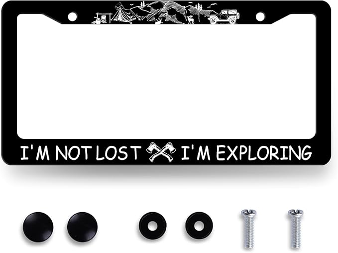 I'm Not Lost I'm Exploring License Plate Frame Camping License Plate Holder Funny Text Auto Parts Stainless Steel Universal Cars Decoration for Men Women 12.2" x 6.2"