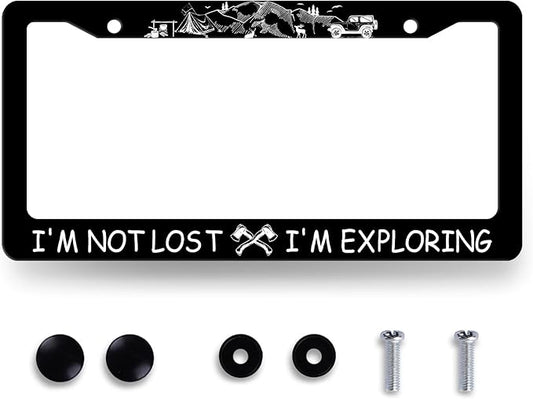 I'm Not Lost I'm Exploring License Plate Frame Camping License Plate Holder Funny Text Auto Parts Stainless Steel Universal Cars Decoration for Men Women 12.2" x 6.2"