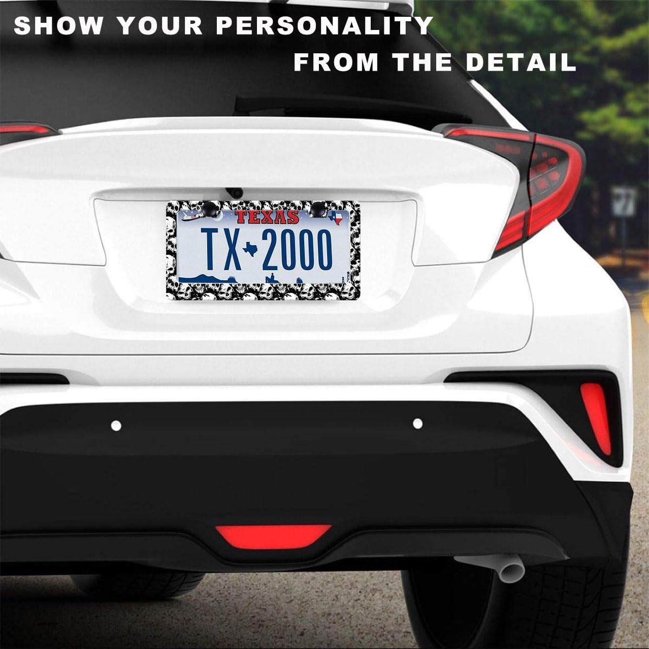 Skull License Plate Frame Black and White Skull License Plate Holder Cool Auto Accessory Car Decor Bracket Aluminum License Tag Plate with Anti-Theft Screw Caps-1Pcs