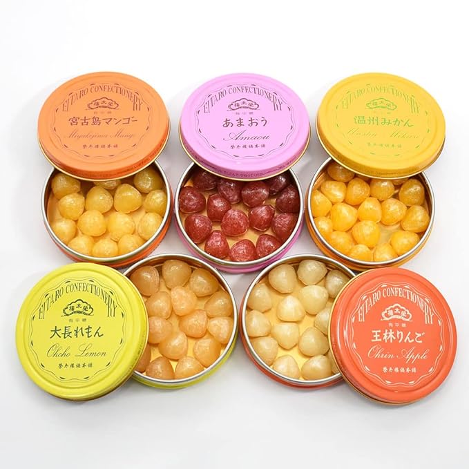 [ Eitaro Sohonpo ]Eitaro Natural Fruit Candy 5 cans (STRAWBERRY, LEMON,MANGO,APPLE,ORANGE),Japanese Candy, Wagashi, Handmade, No Additive, Made in Japan