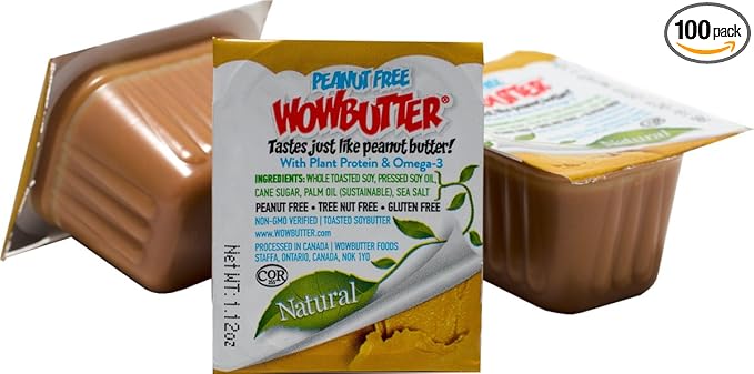 WOWBUTTER - Creamy Peanut & Tree Nut Free Spread - 100 Cups - 1.12oz each - Made With Whole Toasted Soy - All Natural Ingredients - Safe for School - Vegan Plant Protein Food - Gluten Free & Non-GMO