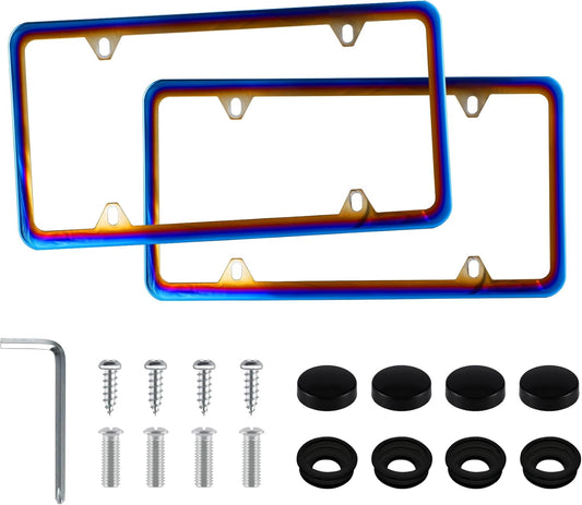 LivTee 4 Holes Stainless Steel License Plate Frames, 2 PCS Car Licence Plate Covers, Automotive Exterior Accessories Slim Design with Bolts Washer Caps for US Vehicles, Colorful