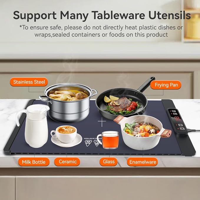 Electric Warming Tray, Fast Full Surface Heating Food Warming Mat, Portable Silicone Warmer with 5 Adjustable Temperature & Auto Shut-Off, Foldable Food Warmer for Parties, Gatherings, Daily Use