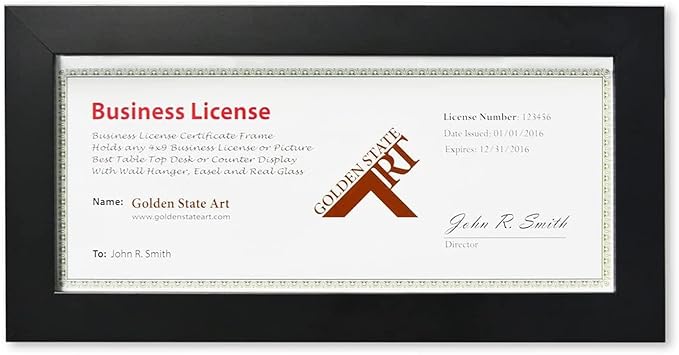 Golden State Art, Wood Frame for 4x9 Business License Certificate with Real Glass & Table-top Display, Black