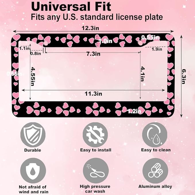 2pcs Pink Love Heart License Plate Frame for Women, Pink Love Hearts car Decorative tag Frames Girly,Beautiful License Plate Cover Holder for Vehicle with Double Sided car Keychain tag