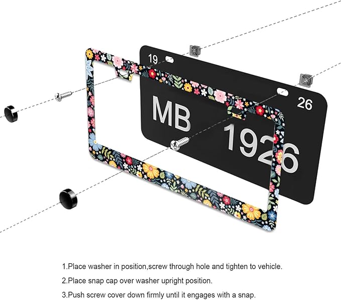 Colorful Flowers and Leaves License Plate Frame Cute Floral License Plate Frames Aluminum Car Accessories Cover with 2 Holes and Screws 12 x 6 Inch for Front Rear Car Plate Decor for Women Men