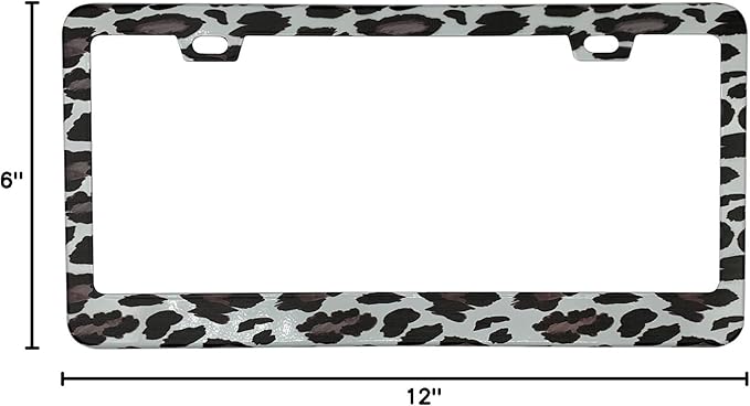 Watercolor Snow Leopard Pattern License Plate Frame Cover, Matte White Powder Coated Stainless Steel, Animal Print Auto Car Tag Frame with 2 Holes & Free Screws