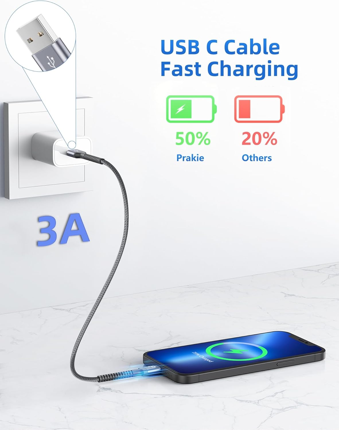 PRAKIE USB C Cable Fast Charging, 2Pack 1FT USB A to USB C Charge Cable, Short USB Type C Charging Cord Compatible with iPhone 16/15/Samsung Galaxy S20 S10/Google/Plus Note 10 9 8