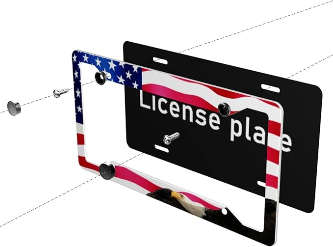 American Flag Eagle License Plate Frames Covers Holders US American Waving Flag Eagle Car Tags Frames Holders Stainless Aluminum 2 Pack 4 Holes Decorative 2 Pcs Set for Men Vehicle