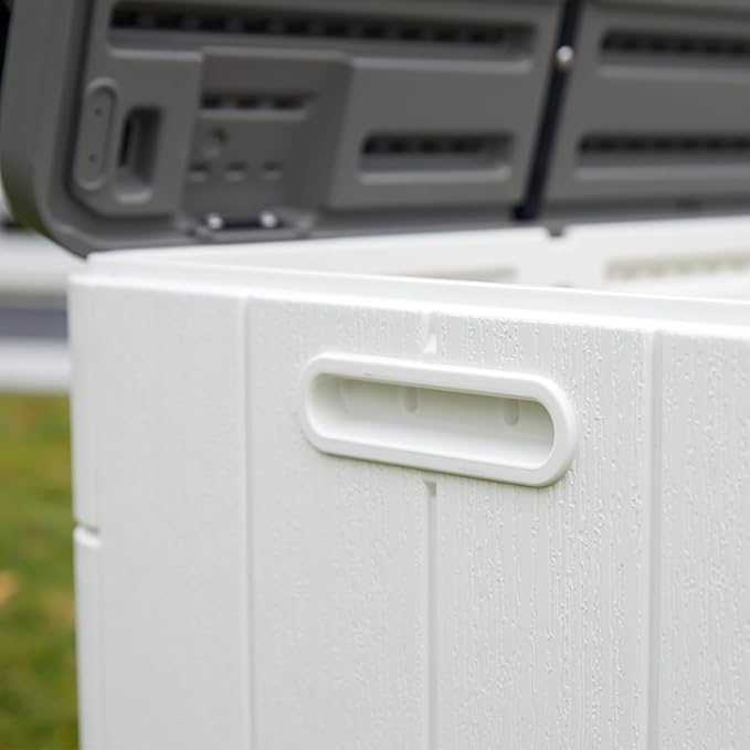 100 GAL Resin Deck Box - Lockable Waterproof Outdoor Storage Bench for Patio Cushions, Garden Tools & Pool Accessories - Wood-Look Texture, White