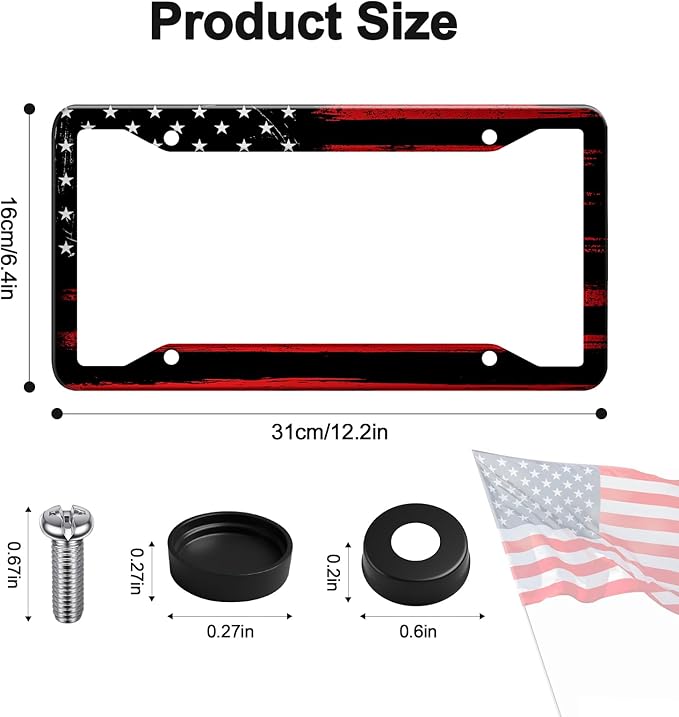 American Flag License Plate Frames Holder,Aluminum Novelty Decorative License Plate Protector with Screws for Men/Women,Car Decoration Accessories,2pcs-Black RedAmerican Flag