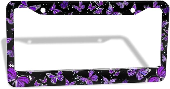 Purple Butterfly License Plate Frame - 1 Pack Beautiful Fluttering Butterfly License Plate Holder Aluminum Metal Car Tag Cover with 2 Holes Customized Decorative for Women US Vehicle Standard