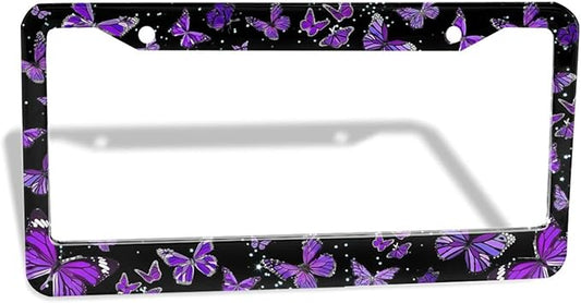 Purple Butterfly License Plate Frame - 1 Pack Beautiful Fluttering Butterfly License Plate Holder Aluminum Metal Car Tag Cover with 2 Holes Customized Decorative for Women US Vehicle Standard