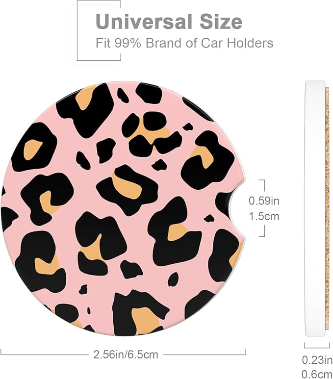 Car Cup Holder Coaster, Car Coasters for Cup Holders, 2 Pack Universal Anti Slip Insert Absorbent Ceramic Auto Interior Accessories with A Finger Notch & Cork Base, Pink Leopard Print
