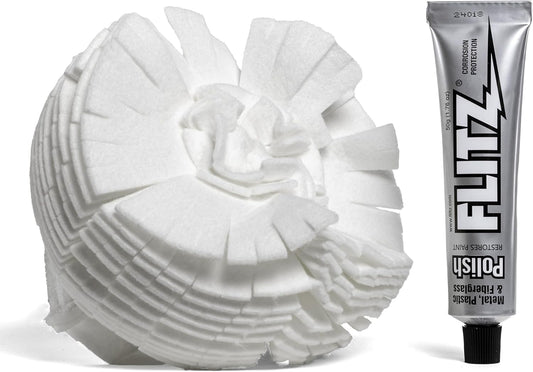 Flitz Buff Ball w/ 1.76oz Metal Polish Paste - 5in Drill Buffer Polisher Attachment for Any 3/8in Drill - Self-Cooling, Washable Polishing Ball to Buff, Shine, & Protect All Metals, Plastics (1 Pack)