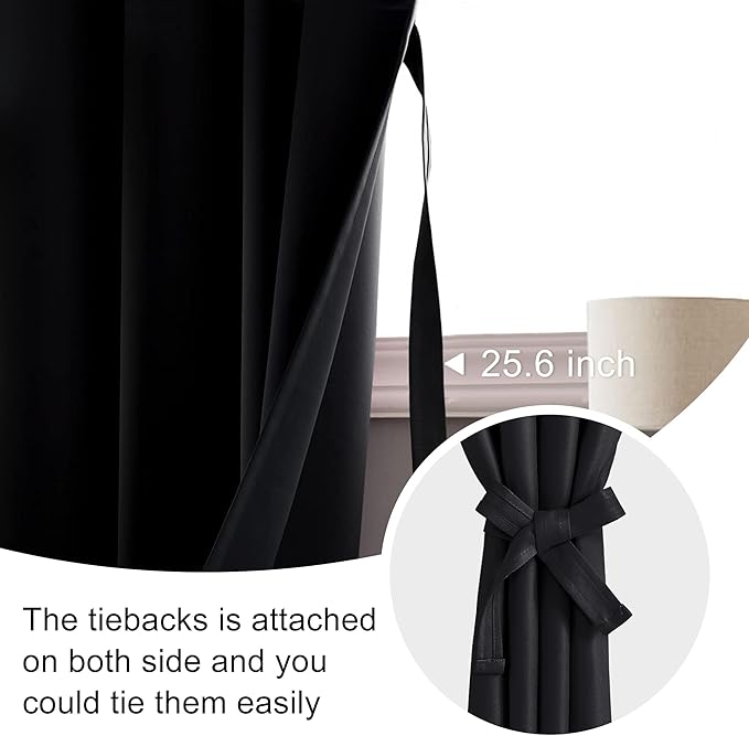 JIUZHEN Blackout Curtains for Bedroom - Thermal Insulated,Noise Reducing Room Darkening Privacy Rod Pocket Drapes for Living Room, Set of 2 Panels with Tiebacks, 52 x 84 inches Long, Black
