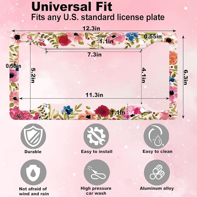 2pcs Abstract Flowers Floral License Plate Frame for Women,Pink Flowers Floral car Decorative tag Frames Girly,Hand-Painted Artistic Pink Flowers Floral License Plate Cover Holder for Vehicle