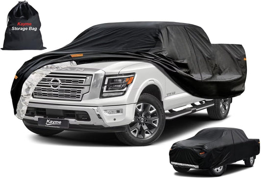 Kayme Truck Cover Custom Fit Nissan Titan(2004-2015) King/Crew Cab Long Bed. Full Exterior Heavy Duty Outdoor Pickup Truck Car Cover Waterproof All Weather.Car Tarp for Wind Sun Dust Protection.Black
