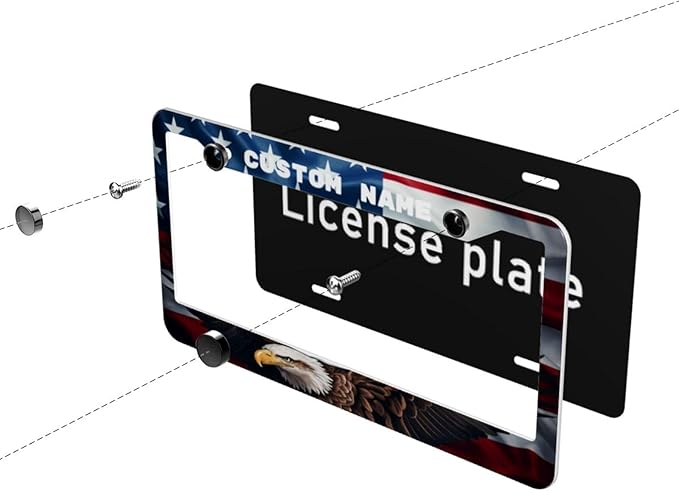 Custom License Plate Frame American USA Flag 2 Pack Personalized Add Text Black Custom License Plate Frame with Standard Us Canada Vehicles 12.3 X 6.3in